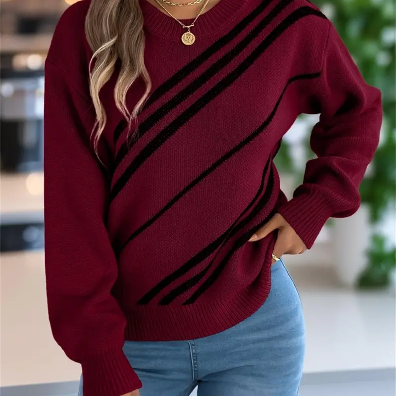 Women's Colorblock Stripe Drop Shoulder Fitted Sweater Tops, Casual Long Sleeve Round Neck Jumper for Fall & Winter, Fashion Ladies' Knitwear for Daily Wear, Knitting Womenswear Fabric