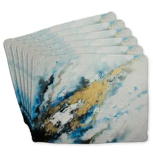 360 Stand 6-Piece Rectangular Marble Print Placemats - 14x18", Blue & Gold Braided Polyester, Stylish Traditional Kitchen Tableware, Protects Surfaces, Set, Home, Modern