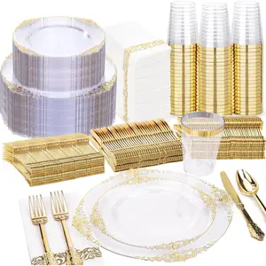 350-Piece Clear Gold Plastic Dinnerware Set - 50-Person Gold Plastic Tableware Set - Includes 100 disposable plates, 150 silverware pieces, 50 cups, and 50 napkins. Ideal for weddings, parties, and Thanksgiving gatherings.