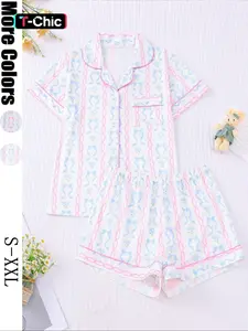 Women's Sleepwear Set, Pajama Set, Cartoon Pattern Fitted Design, Comfortable Short Sleeve Top & Elastic Shorts, Casual Home Wear
