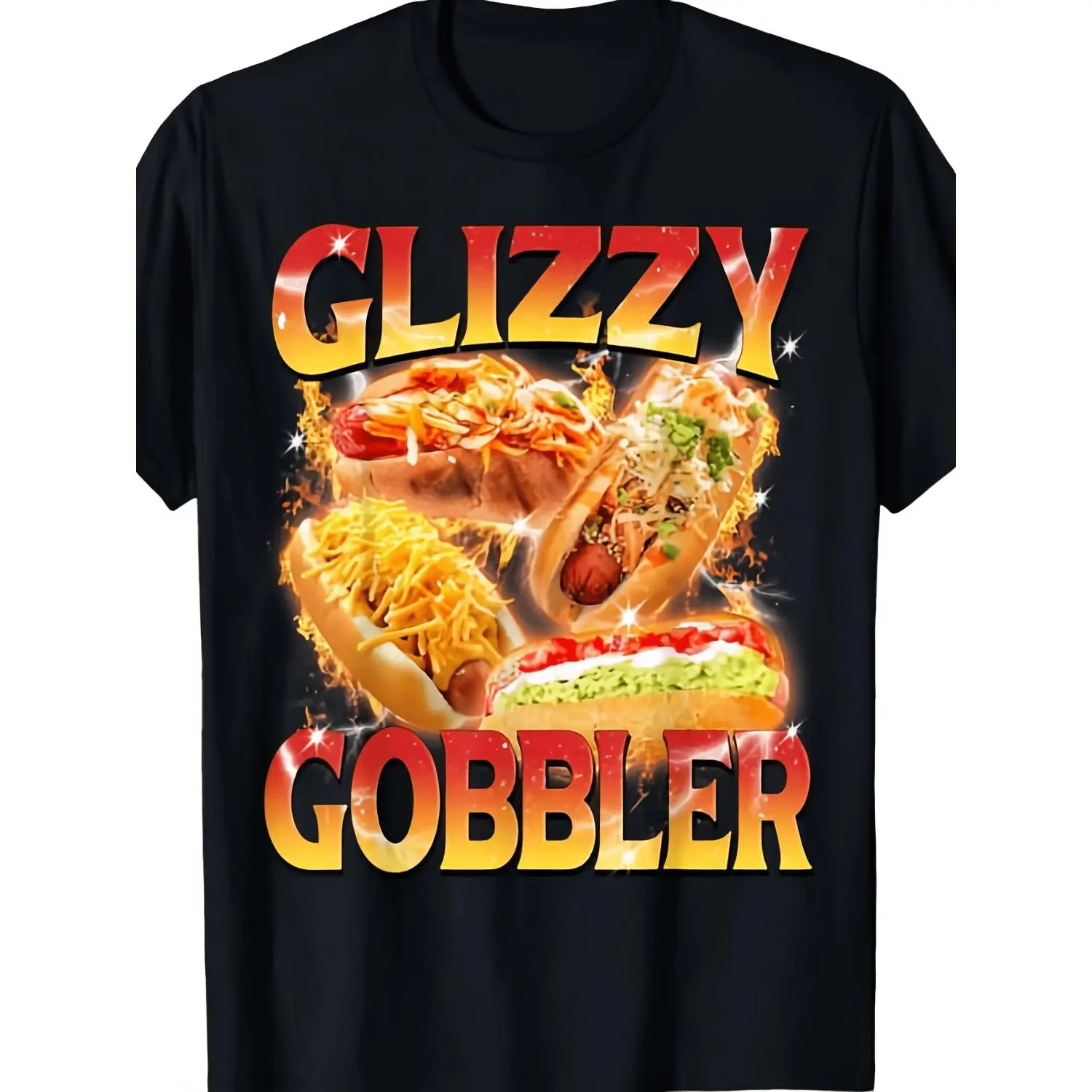 Humorous Glizzy Gobbler Meme T-Shirt Featuring a Cartoon Hot Dog Graphic with Bold Red Lettering Soft Breathable Unisex Tee for Men and Women Lightweight Casual Wear and Easy Machine Washability Ideal for Glizzy Enthusiasts and Meme Aficionados
