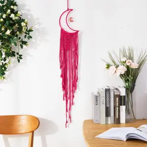 Macrame Wall Hanging Crescent Moon Dream Catcher with Moon Charm, Modern Boho Style Home Decor -- Dark Pink