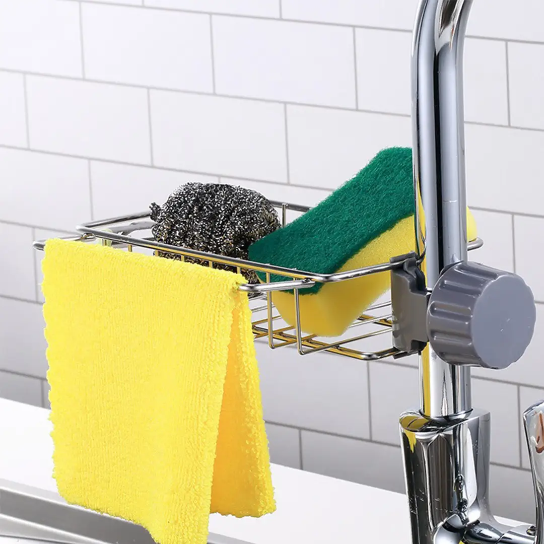 2pcs Kitchen Sink Faucet Organizer, Adjustable Detachable Sponge Holder, Soap Kitchen Sink Drain Rack，Rustproof Stainless, Towel Hook Bathroom Univers