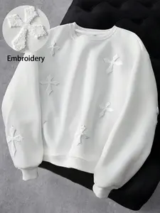 Unisex Round Neck Long Sleeve Sweatshirt with Raised Cross Embroidery, Vintage Classic Streetwear Crewneck, Comfortable Oversized Pullover Top for Men and Women in Casual Settings Unisex Design