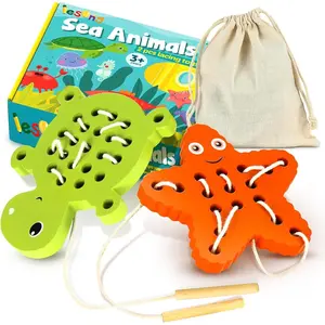 L-ITC136 Wooden Lacing Threading Toys for Toddlers Fine Motor Skills, 1 Turtle 1 Starfish Car Airplane Toddler Travel Toys, Wood Puzzle Educational Gifts Learning Montessori Toy for 3, 4, 5 Years Old Kids