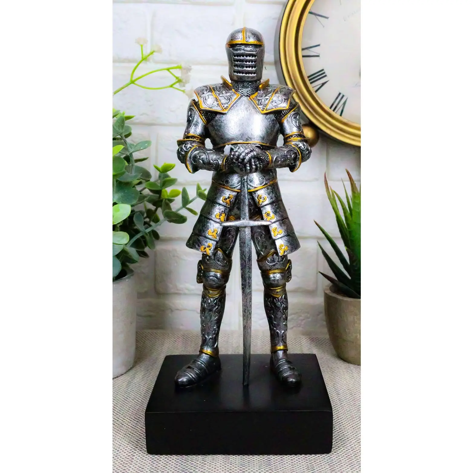 Italian Medieval Knight Resin Statue, 9"Tall Figurine on Black Pedestal Base, Collectible Room Decor for Enthusiasts of Medieval Imagery, Home Decor Accent, Figurines, Medieval Italian Knight Statue