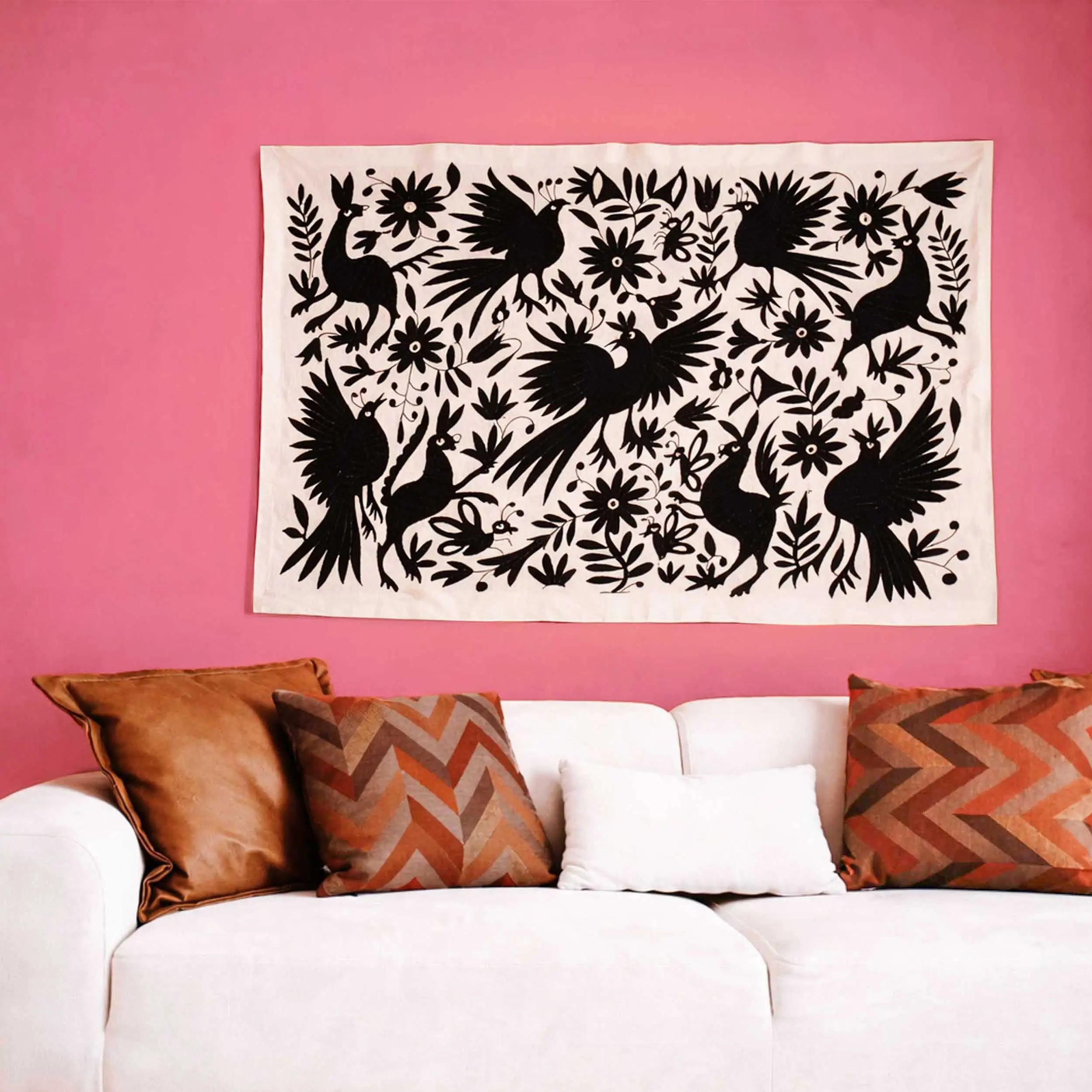 Otomí Hand-Embroidered Cotton Wall Tapestry - Authentic Otomí Art, Handcrafted Hanging, Nature-Flowers Themed Home Decor Accessory for Room Accent, Wall Tapestries, Room Decor