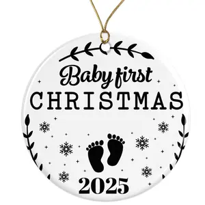 Baby's First Christmas Ornament 2025 - Baby Footprints & Snowflake Holiday Decor Ceramic Ornament -  - 3 Inch Christmas Tree Round Ornament - Xmas Holiday Decor - String Included - ORNW0312