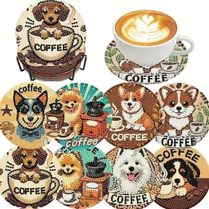 8 pieces/set of diamond art painting coasters with brackets, DIY animal dog pattern diamond art coasters, Coffee Table Mat, Coasters for drinks, diamond set craft supplies, gifts for friends