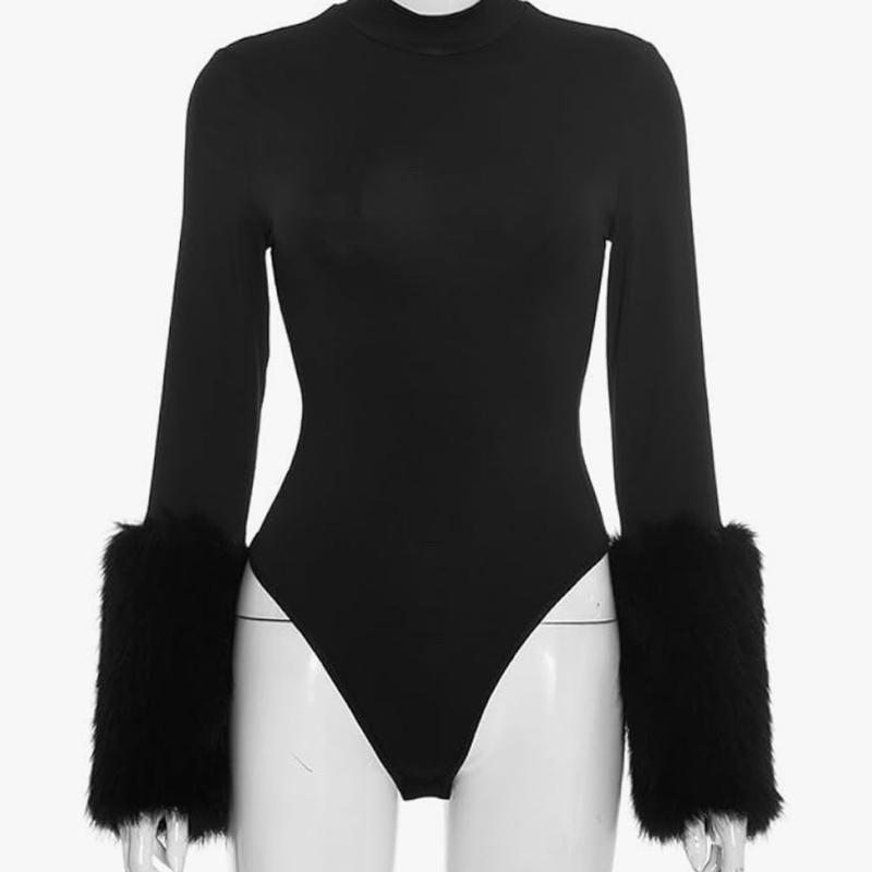 Half Turtleneck Fur Patch Bodysuit - Black Long Sleeve Faux Fur Trim Women's Fashion