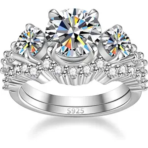 Total 4.2cttw(2.5CT Center Stone) 3 Stone Moissanite Wedding Bridal Rings Set for Women, 925 Sterling Silver, Round Cut D Color VVS1, Engagement Anniversary Promise Rings with Certifica