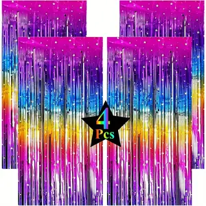 4Pack Sparkling Neon Rainbow Foil Fringe Backdrop Metallic Streamers Photo Booth Props for Birthday Day Graduation Wedding 80s 90s Disco Party Decorations