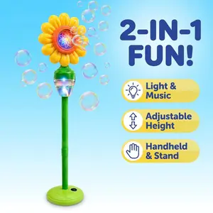 Kids' Sunflower Bubble Machine, Rechargeable Outdoor Toy, Adjustable Height, Lights & Music, Includes 150ML Bubble Solution, Perfect Gift