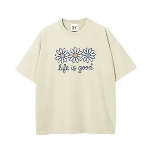 "life is good" Daisy Embroidery Print Unisex Plus Size Summer Graphic Tees Personalized Pattern Y2k Clothing Round Neck Short-Sleeved Washed T-Shirt,Women's Clothing 100% Cotton, Menswear, Top, Vintage Style, Casual Oversized
