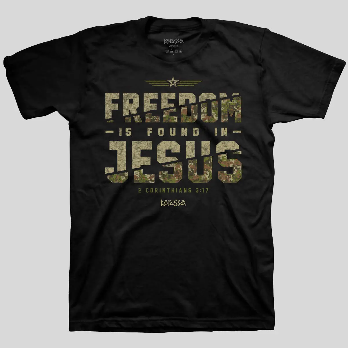 Men's Christian T-Shirt, Classic Fit 100% Cotton Top with Freedom in Jesus Camo Graphic, 2 Corinthians 3:17 Bible Verse