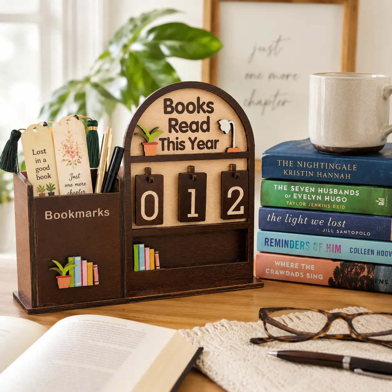 Back to School Wooden Book Tracker with Bookmark Holder, 3-Digit Reading Counter, Books Read This Year Desk Organizer for Students, Teachers, Readers and Book Lovers