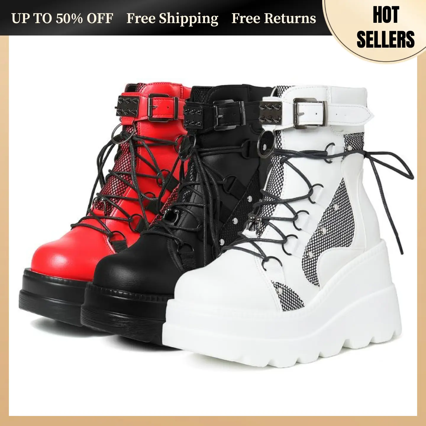 Platform Ankle Boots for Women Chunky High Heel Booties Goth Round Toe Combat Boots Women Lace Up Motorcycle Wedges