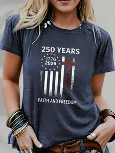 Women's Cotton Casual Short-Sleeve Christian T-Shirt, USA Flag & Cross Design Top for 250th Anniversary of Faith & Freedom, Lady's Sports Outdoor Sport Top