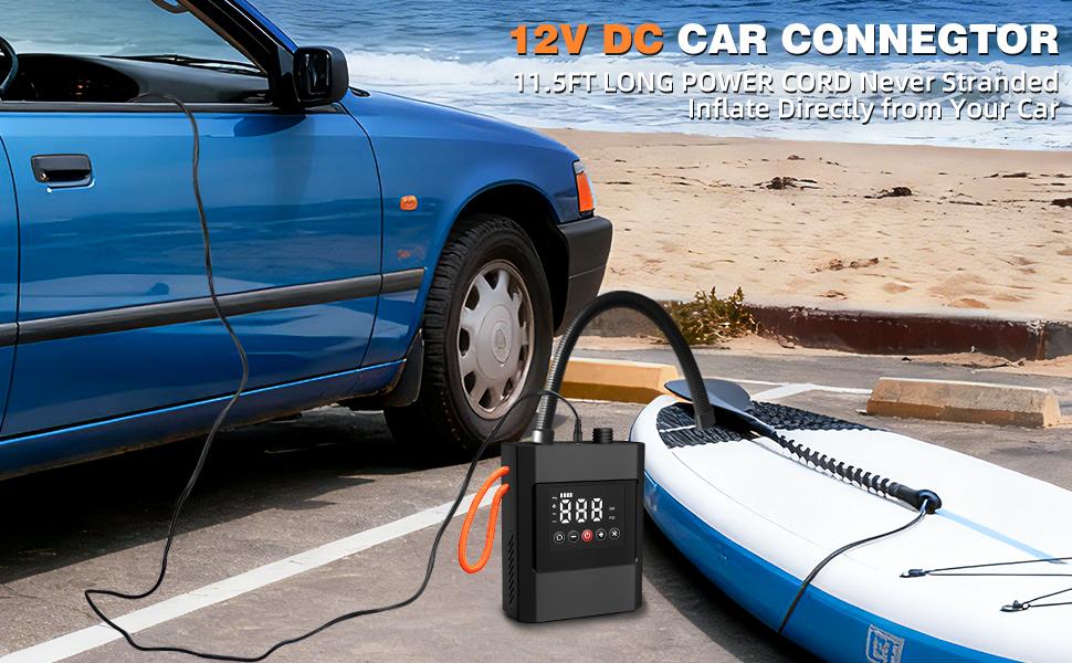 20PSI Electric High Pressure Paddle Board Pump, 12000mAh Dual-Stage Auto-Off, 12V DC Car Connector for Paddle Board Kayak Boat