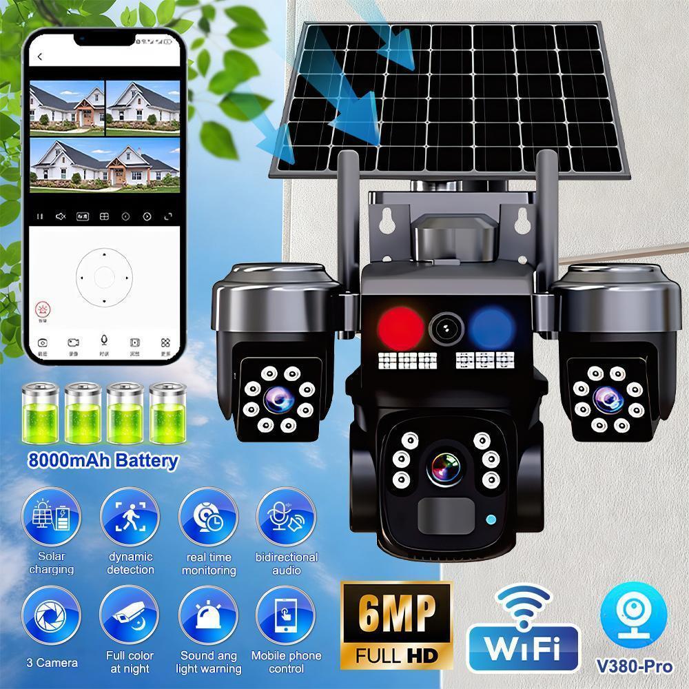 Solar Security Camera Outdoor 6MP, Triple Lens WiFi PTZ Camera, PIR Human Detection, Color Night Vision, Two-Way Audio, IP66 Waterproof,for Valentine’s Day Gift