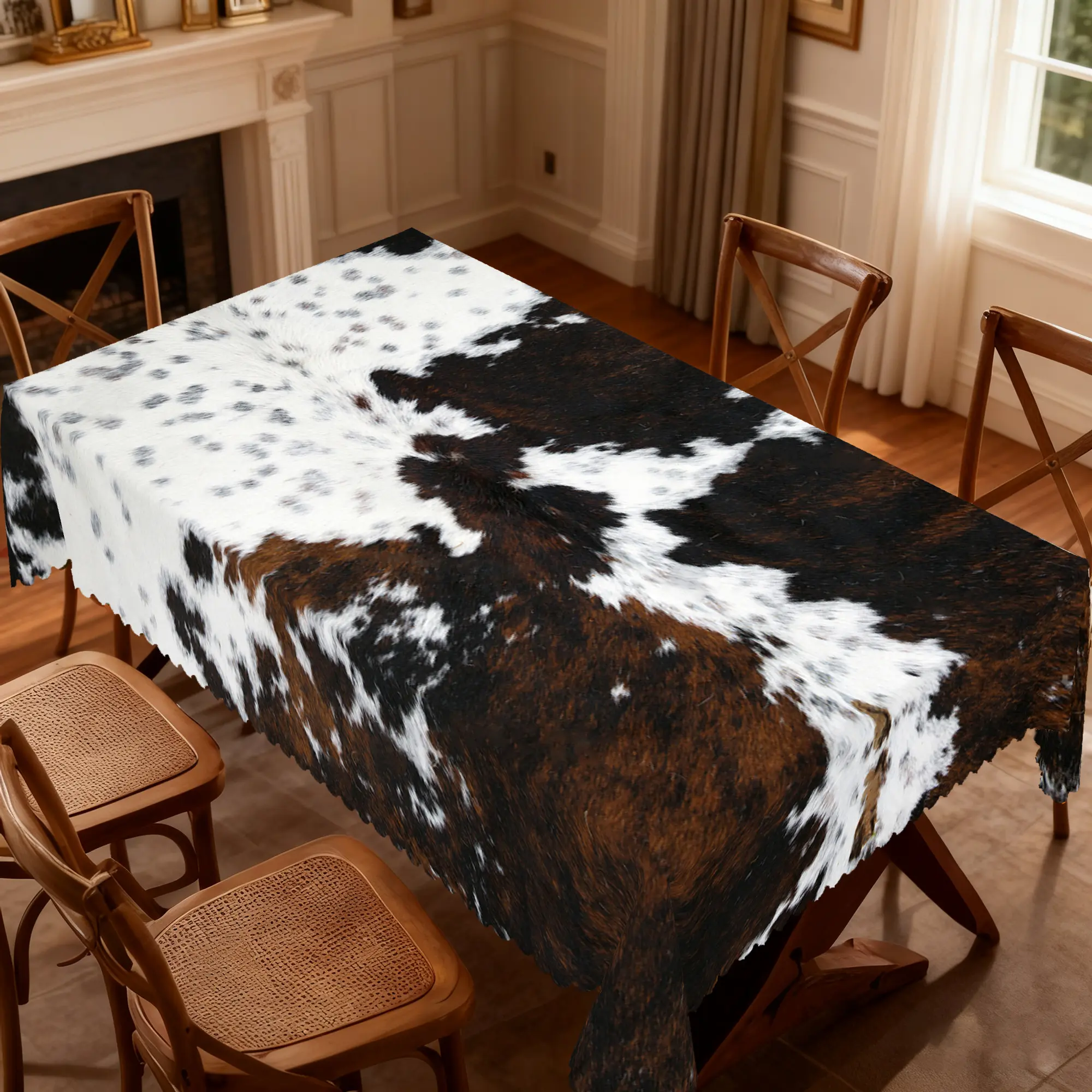 BOOPBEEP Vintage Farmhouse Cowhide Pattern Printed Tablecloth - Rectangular (55x70 in, Multi-Size Options), Self-Stick Easy Fixing, Ideal for Brunch, Mother's Day Gift, Indoor/Outdoor Dining Decor