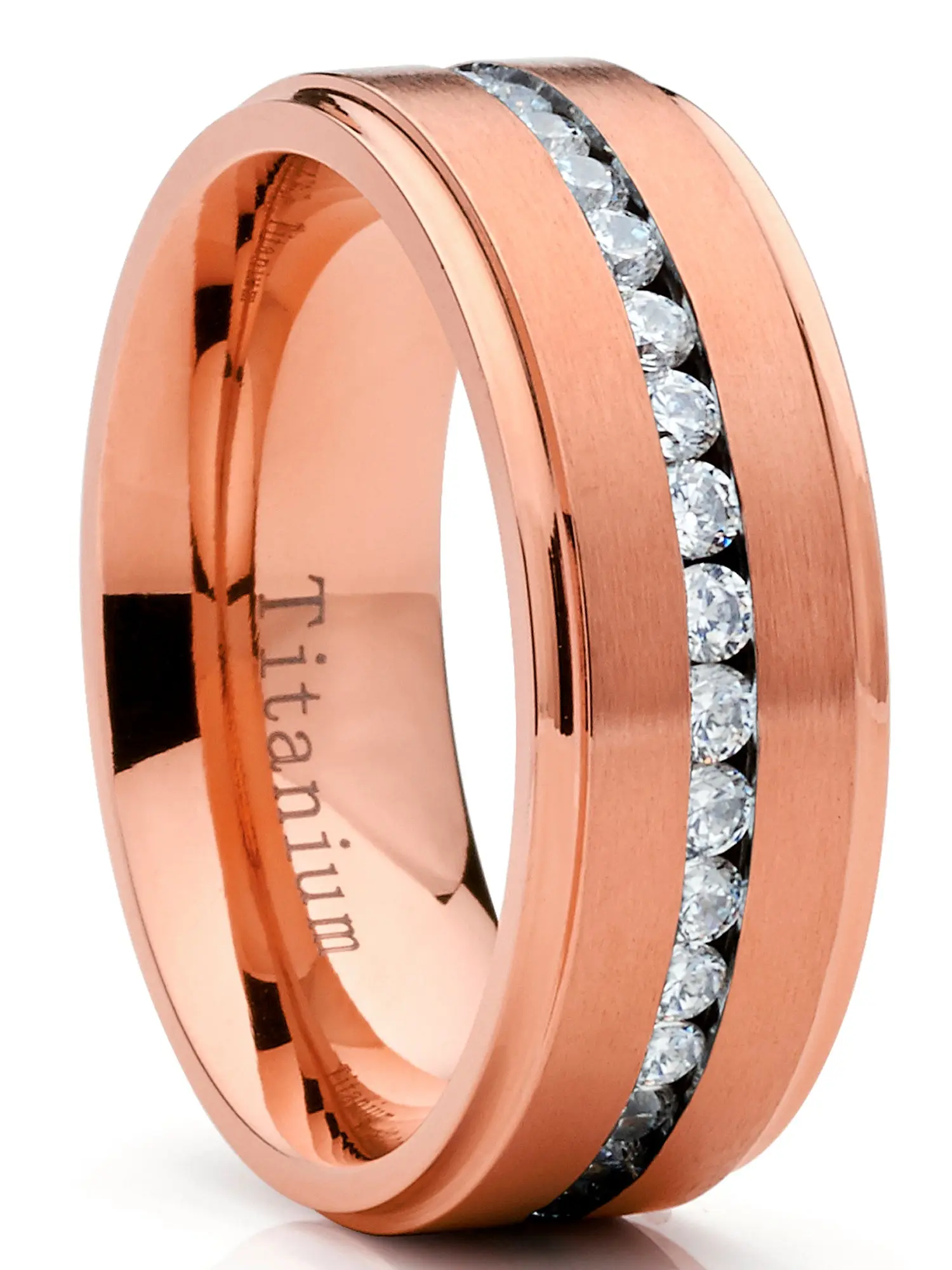 Men's 7MM Solid Metal Round CZ Eternity Ring - Rosegold-Tone Wedding Band, Cubic Zirconia Rings