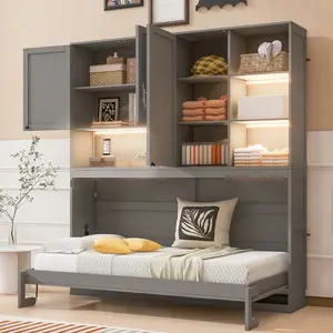 Twin Size Wall Murphy Bed with Top Cabinet, Shelves ,Space Saving Foldable Bed with Light & USB ,Gray