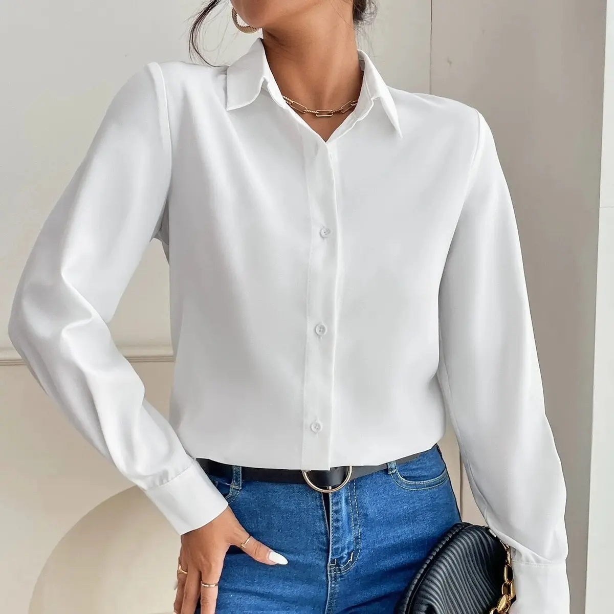 PETITE Solid Button Front Shirt Blouse Women regular sleeve y2k