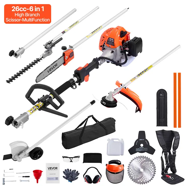 【summerfinds】VEVOR Gas Hedge Trimmer, 2 Cycle Gas Power Handheld Trimmer, 6-in-1 26cc Weed Eater with Extension Pole & Protective Gear Set, Includes Hedge & String Trimmer, Brush Cutter(3T & 40T), Edger, Pole Saw,dorm essentials,home decor
