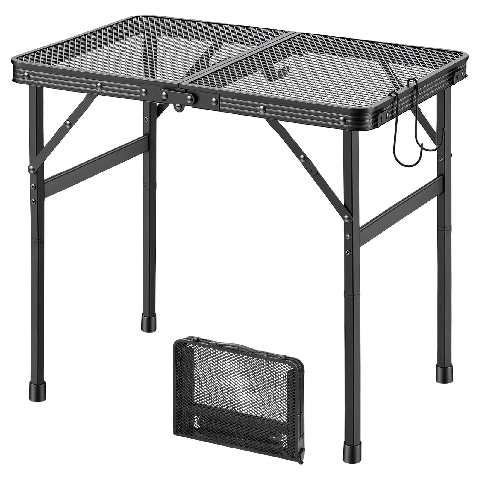 VEVOR Folding Grill Table 24x16 in Camping Tables 90 lbs Capacity Aluminum, Lightweight Compact for Picnic BBQ Tailgating, Adjustable Height, Outdoor Side Stand with Portable Handle, Black Metal Mesh