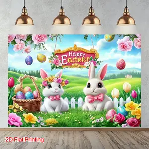 1PC,2D Flat Easter Theme Photography Backdrop, Cute Bunny Easter Eggs Flowers Decorative Background Curtain, Festival Party Photo Background Prop, Grass Garden Scene Decoration Backdrop