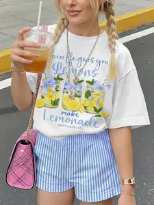 Summer Casual Striped Short Sleeve T-Shirt Set, Teen Girls Lemonade Style, Blue Two-Piece Summer Clothing