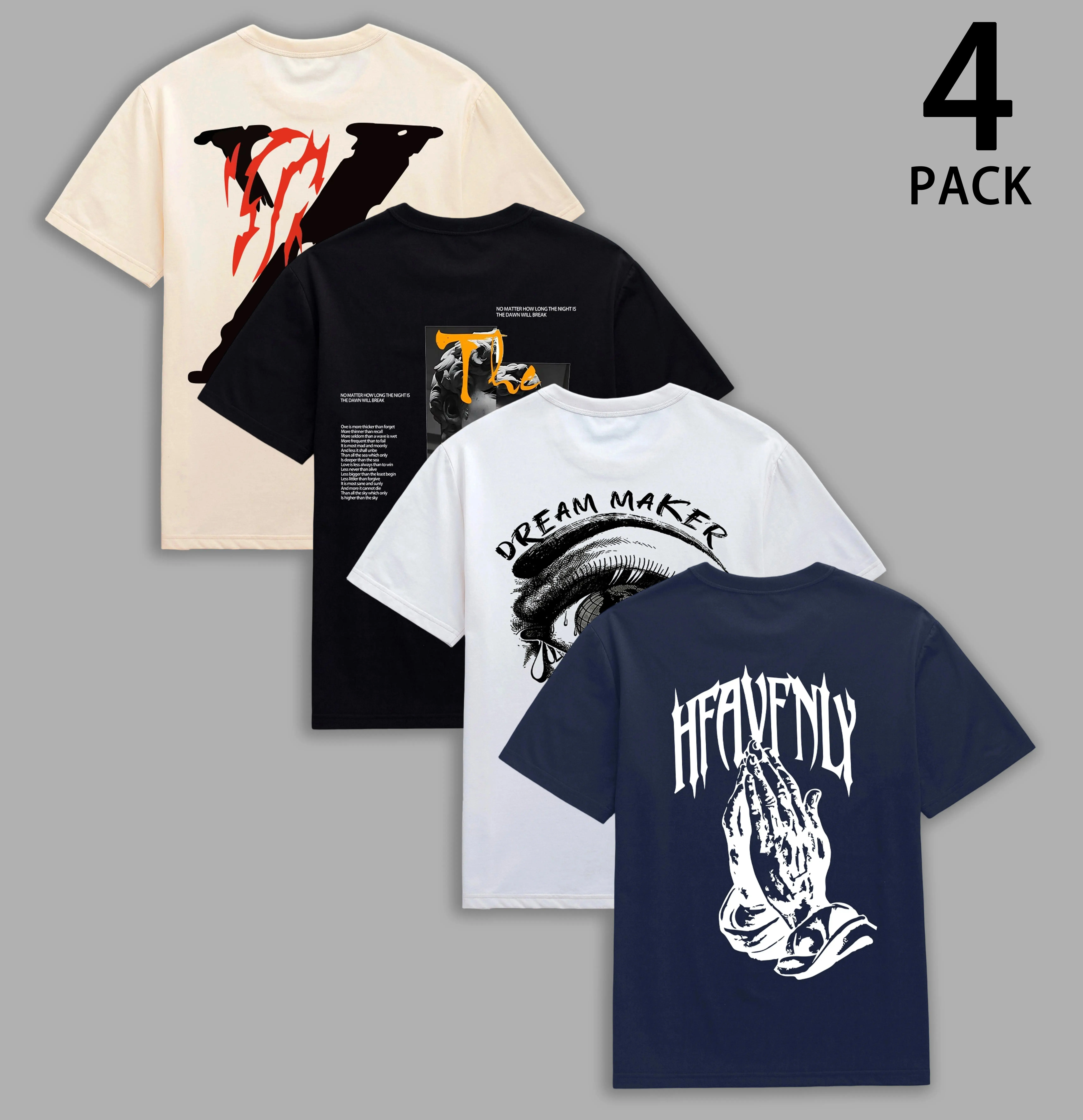 Men's 4-Piece Streetwear T-Shirt Set, Oversized Graphic Print Crew Neck Tops, Casual Short-Sleeve Menswear, Tshirt