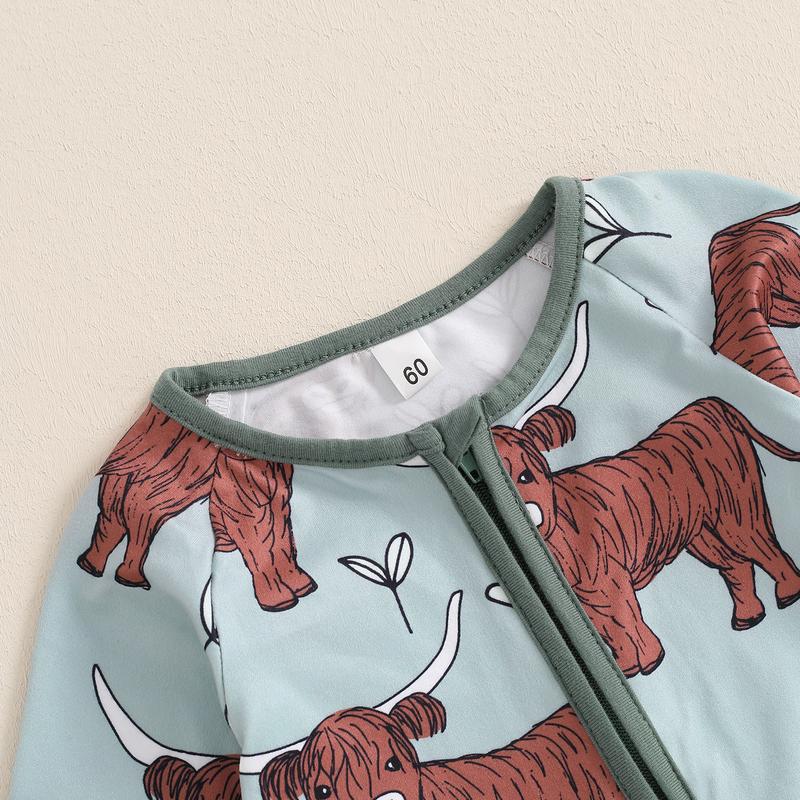 Country Baby Clothes Boy Girl Western Highland Cow Print Long Sleeve Romper Zipper  Jumpsuit Spring Fall Outfit 0-12M
