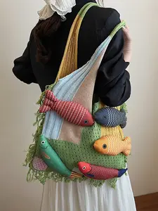 1pc Colorful knitted shoulder bag, Trendy crossbody bag, Boho Style Crossbody, with hollowed out edges and 3D small fish decoration and tassel edge design, bohemian style summer carry bag, suitable for seaside travel