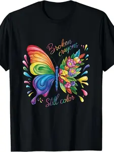 Broken Crayons Still Color Mental Health Awareness Rainbow Butterfly T-Shirt - Unisex Black Pure Cotton 220G, Retro Resilience Design with Colorful crayon art for & Casual Attire