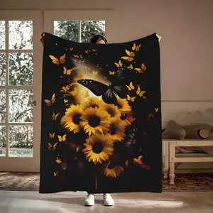 Sunflower Butterfly Flannel Throw Blanket, Soft Cozy Black Background Floral Blanket, Warm Gift for Flower Lovers, Lightweight Breathable