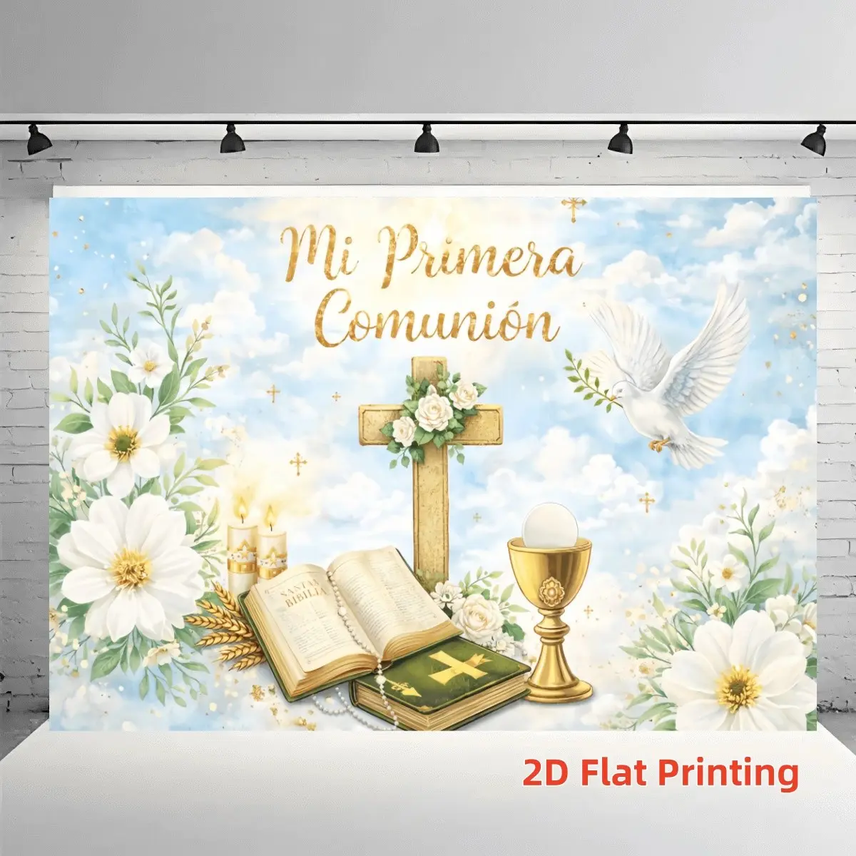2D flat 1pc First Communion themed background cloth, blue and white watercolor with golden cross, communion cup, wheat elements, text My First Communion, suitable for Catholic First Communion ceremony, baptismal ceremony decorative banner, multiple sizes