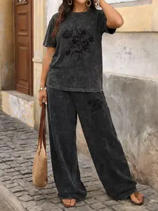Plus Size Women's Casual Vintage Washed Two-piece Set - Graphic Print Short Sleeve T-shirt & Wide-leg Pants, For Outdoor Wear