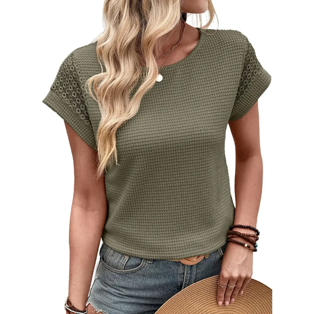 Dokotoo Womens Summer Tops 2026 Waffle Knit Lace Hollow Out Short Sleeve T-Shirts Crewneck Casual Loose Basic Tee Blouses