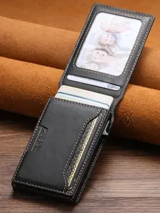 SUTENI Faux Leather With Trifold Card Holder Card Slot Wallet Flip Cover Card Box Pressing The Button Automatically Ejects The Card For Unisex Relatives Friends And Elders Holiday Gift