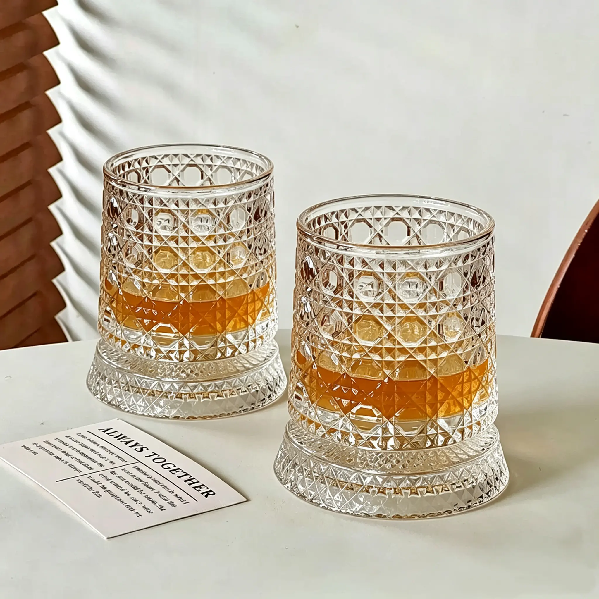 2-Piece Lead-Free Refractive Crystal Whiskey Glass Set, 260ml Rotating Transparent Classic Engraved Tumblers for Whisky/Coffee, Retro Home & Festive Supplies, Gift Option