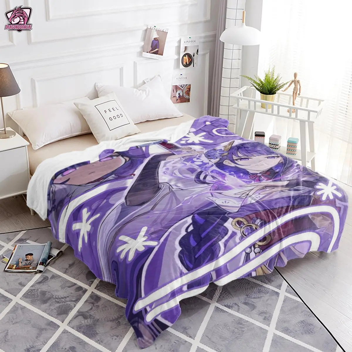 Genshin Impact Raiden Shogun Anime Pattern Collage Blanket - Lightweight, Easy-to-Carry Premium Plush Throw, Quality Fabric, Multiple Sizes, Electro Archon Merch, Die-Hard Fans' Gift, 251110 Father's Day Present