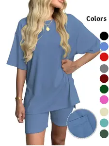 Women's Solid Color T-Shirt and Tight Shorts Loungewear Set, Casual Comfortable Round Neck Sleepwear for Summer, Features Pockets and Suitable for Outdoor Wear