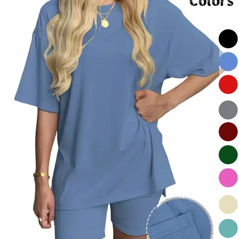 Women's Solid Color Knit T-Shirt and Tight Shorts Lounge Set Pajama Lounge Sets Loungewear, Homewear, Nightwear, Sleepwear, Casual Comfortable Everyday Basic Round Neck Sleepwear for Summer, Features Pockets and Suitable for Outdoor Wear