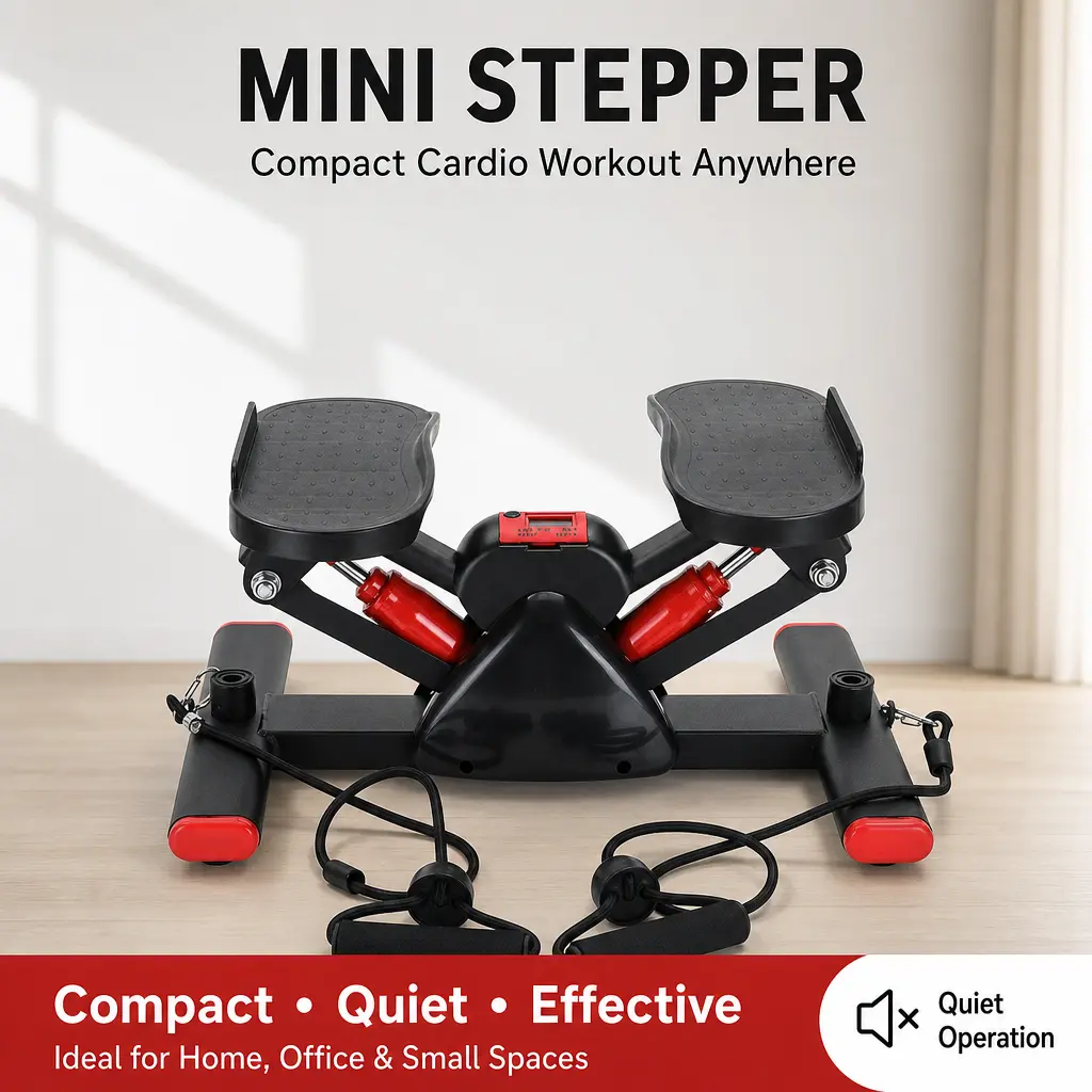 Mini Stepper for Home & Office Workouts, Compact Quiet Cardio Step Machine with Resistance Bands, Digital Display for Full-Body Fitness in Small Spaces