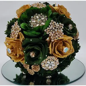 MB01 Hunter Green/Gold Quinceanera Bouquet with gold Brooches in artificial flowers