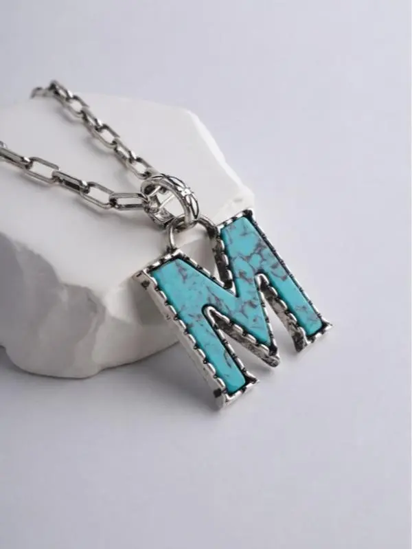 Turquoise Letter Pendant Necklace Western Style Adjustable Chain Jewelry