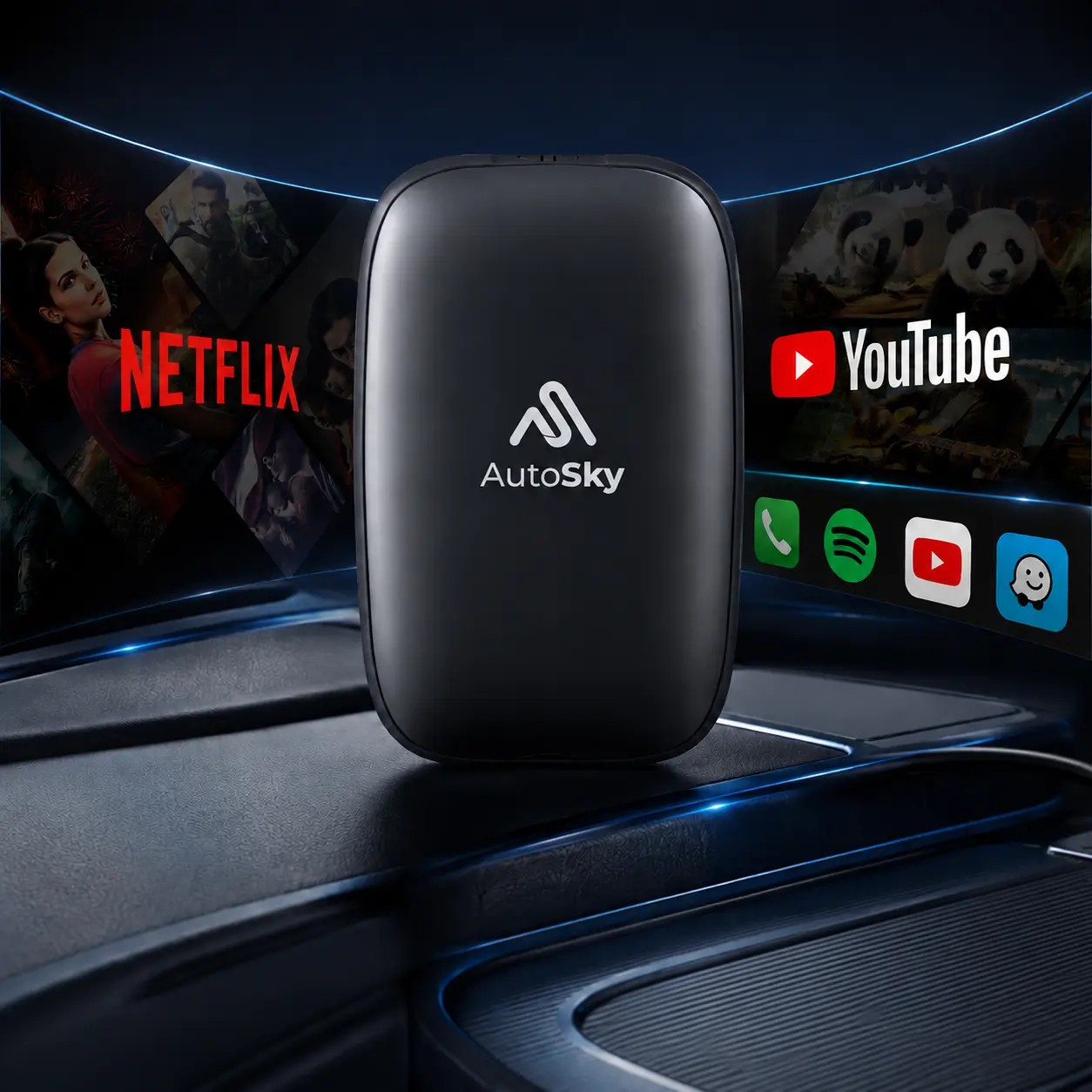 AutoSky AI Box Lite Car Casting Device, Auto Accessories with WiFi Wireless CarPlay, CarPlay Wireless Adapter, Android Auto Player, Plug-and-Play for Car Display App Streaming