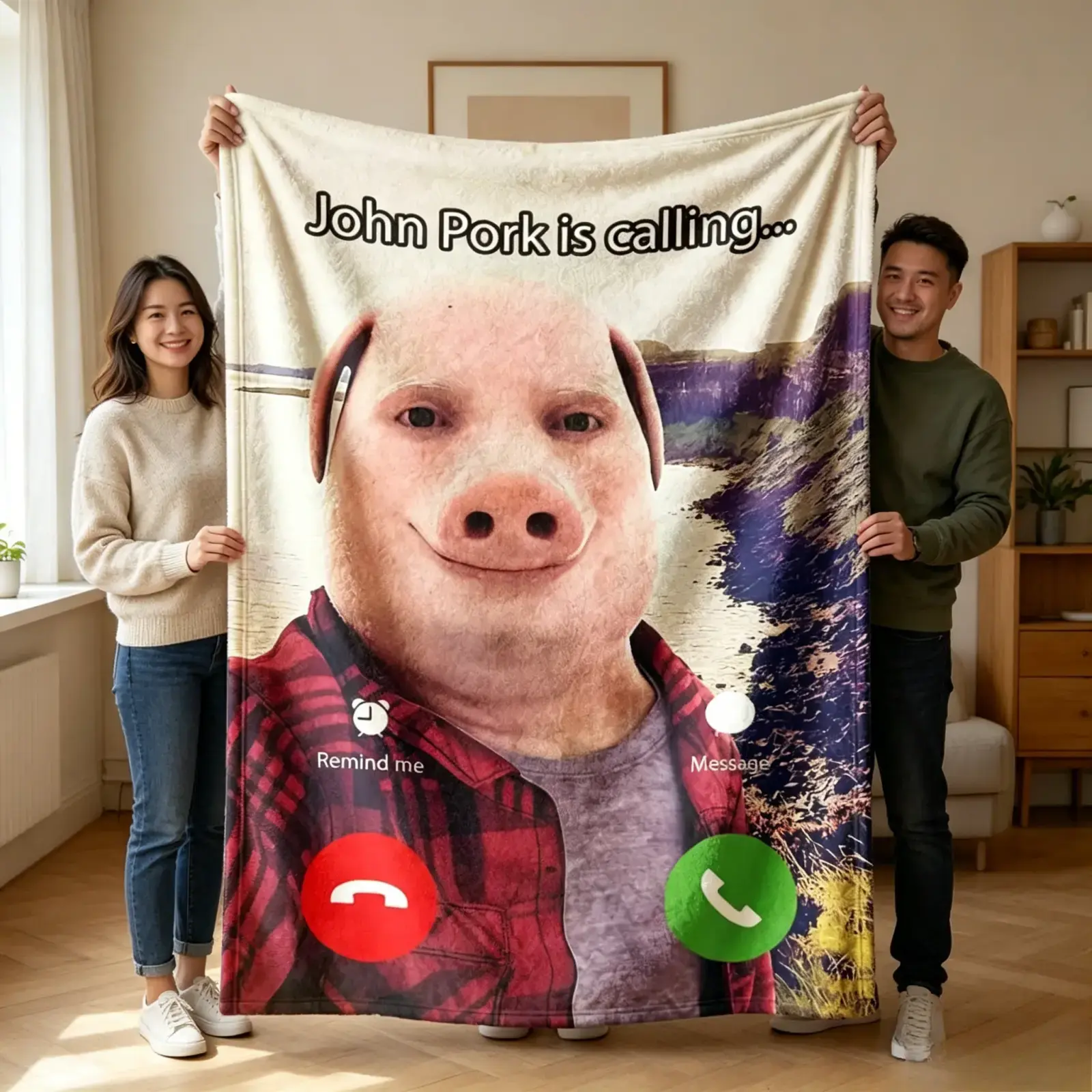 Viral John Pork Meme Incoming Call Graphic Flannel Blanket - Soft, Cozy, Lightweight Throw Blanket for All Seasons, Couch Sofa Blanket, Meme Gift for Friends Family Halloween Christmas Birthday, Graphic Plush Bedding Blanket